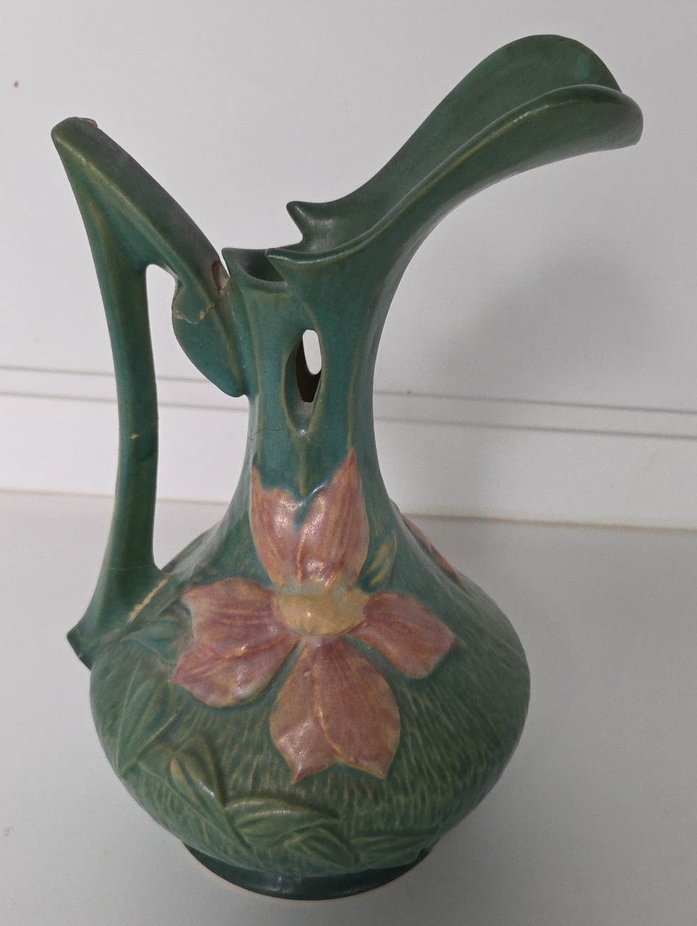 ROSEVILLE Green Floral Ceramic Ewer Pitcher - Decorative Home Art